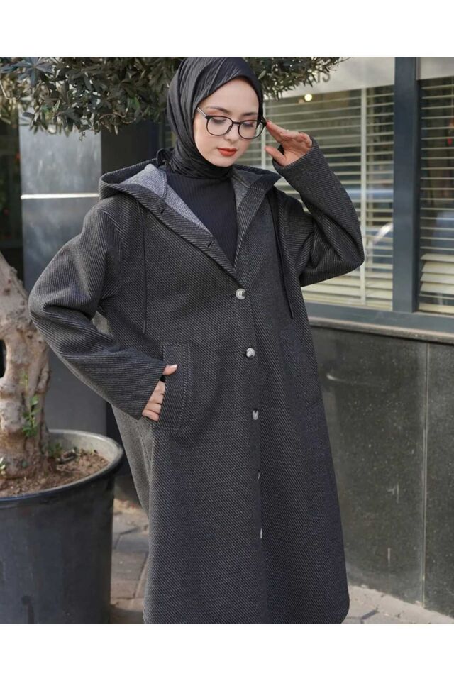 Balık Sırtı Kumaş Kapüşonlu Oversize Kaşe Kap